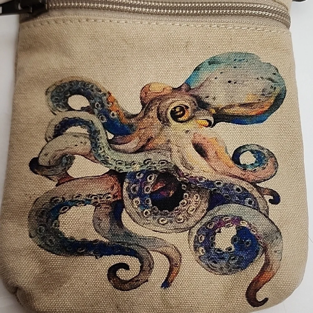 Cott n Curls Tan Canvas Octopus Print Leather Strap Crossbody Cell Phone Bag